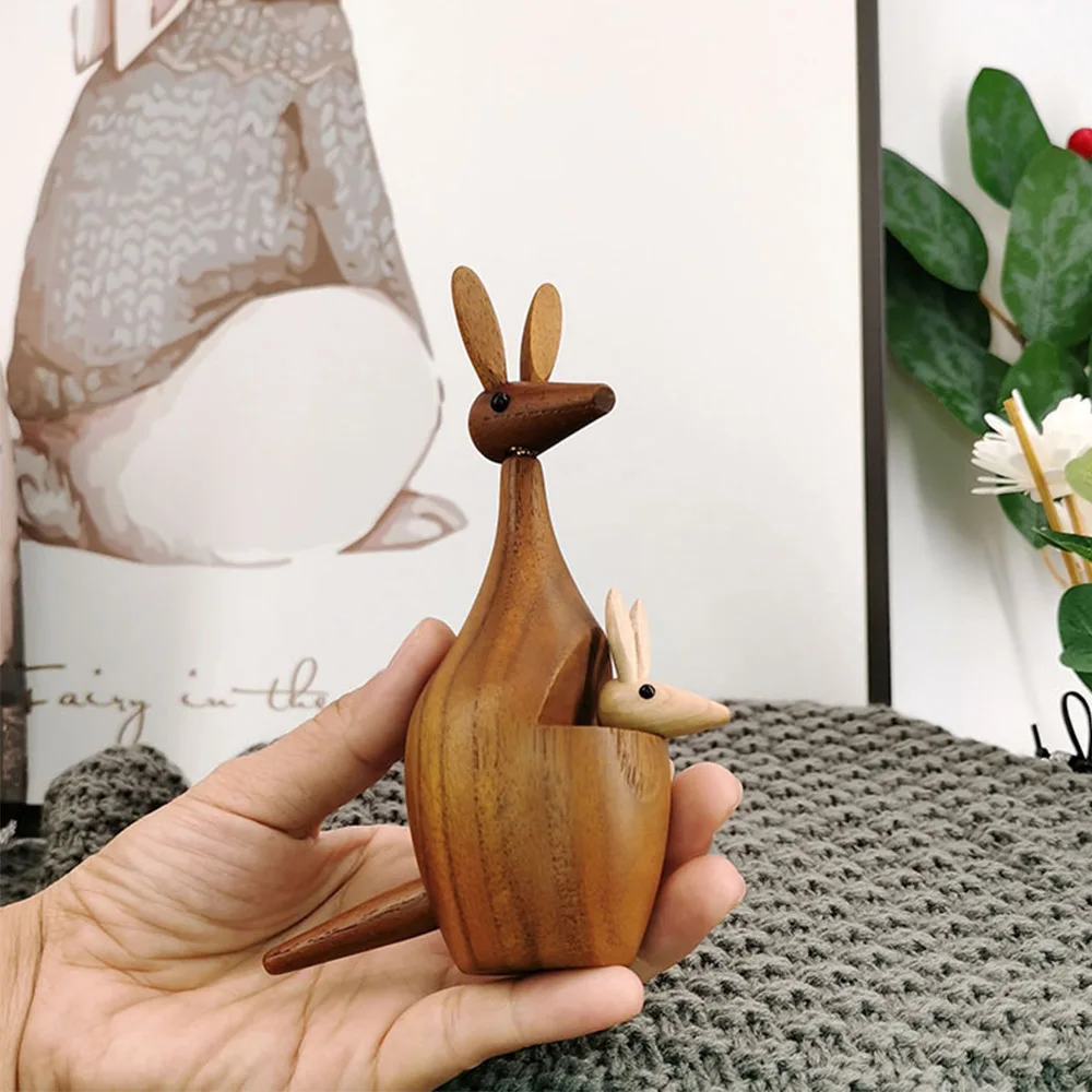 Wooden Kangaroo Figurine Creative Handmade Decor with Parent-Child Design for Home Decoration Living Room Handicrafts