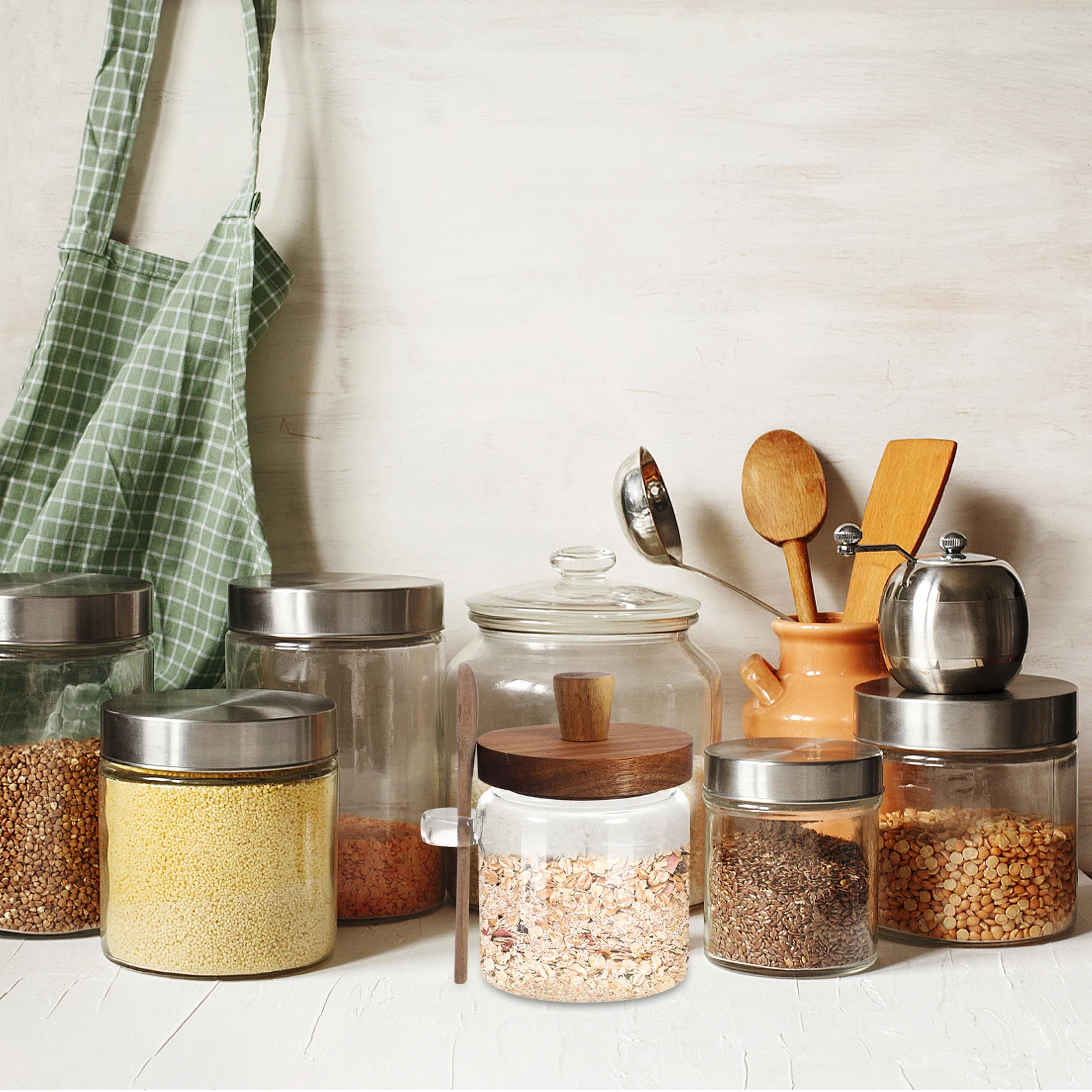 

Glass Sealed Jar Food Container with Lid Spoon Kitchen Supplies Condiment Set Spice Storage Seasoning Jar Home Use