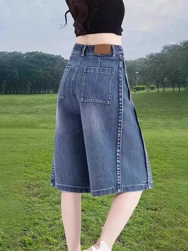 

Blue High Waist Loose Fit Summer Thin Denim Jeans Women's Five-Point Shorts Spring Fashion Ladies' Casual High Waist Jeans