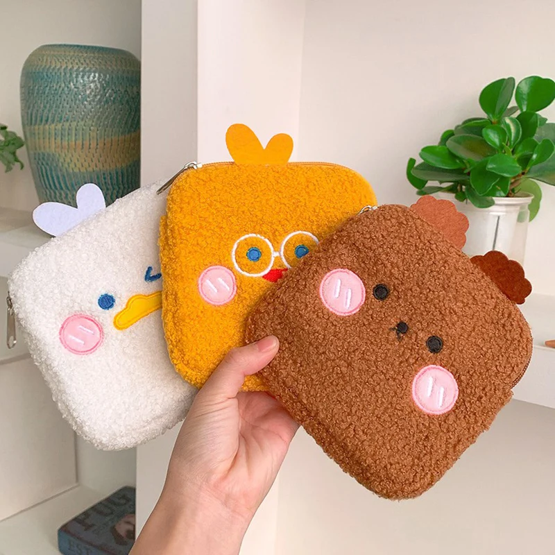 

Cute Lady Mini Cosmetic Bag Purse Organizer Plush Embroidery Bear Duck Sanitary Pad Tampon Storage Pouch Girls Beauty Case