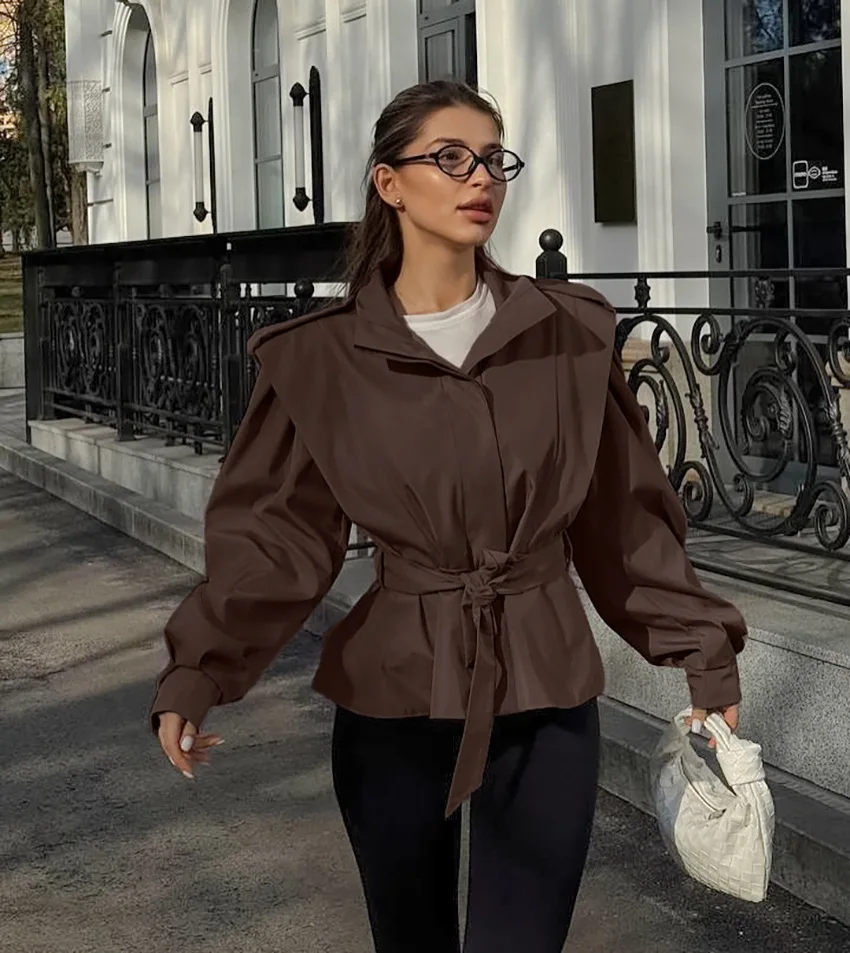 Women's French Niche Design Trench Coat Loose Slimming Long Sleeved Collar Tie up Waist Versatile for Commuting Autumn Winter