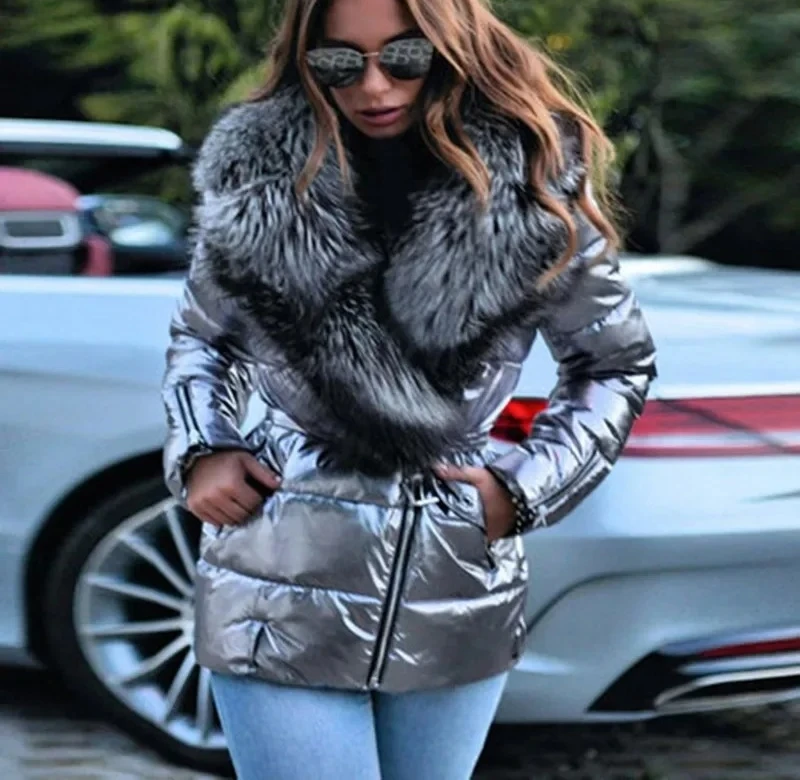 

Winter Coat Women Bright Surface Slim Large Collar Short Down Cotton Jacket Punk Style