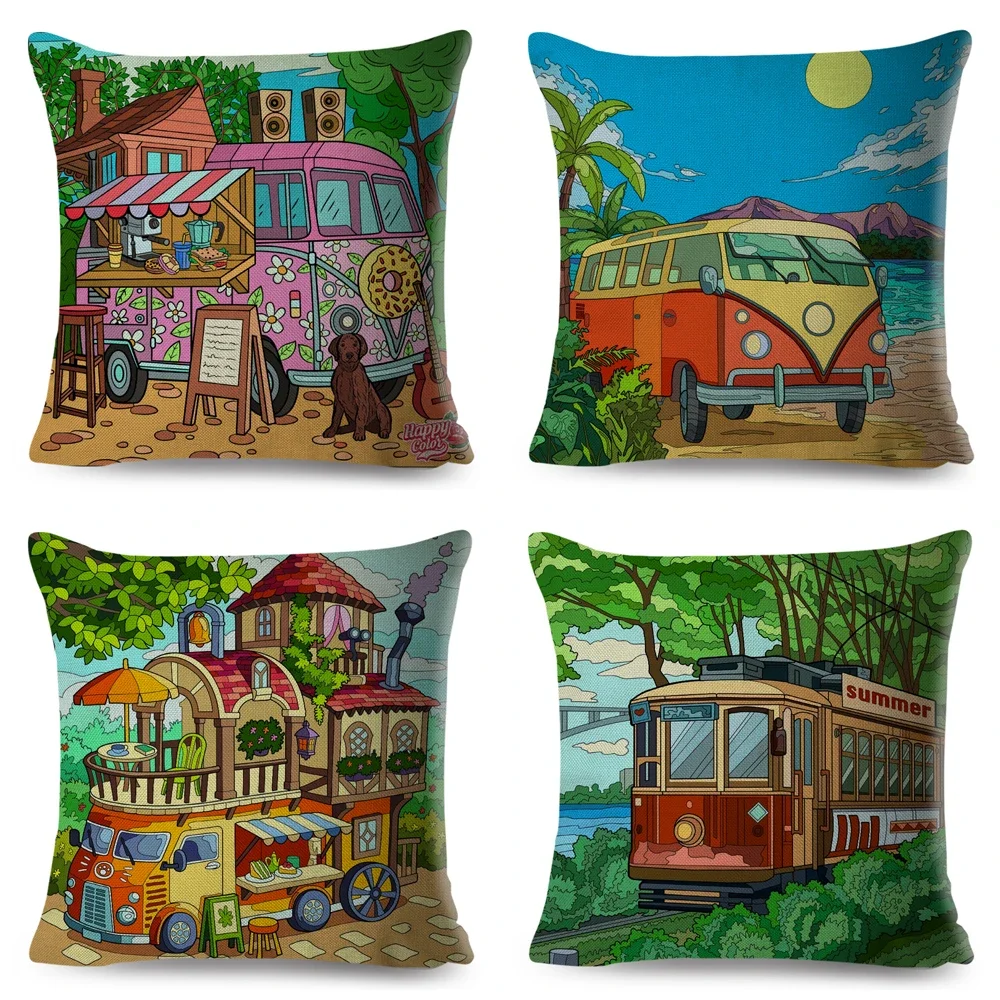 Both Sides Van Life Pillow Case Decor Happy Camper Cartoon House Travel Car Cushion Cover for Sofa Home Children Room Pillowcase