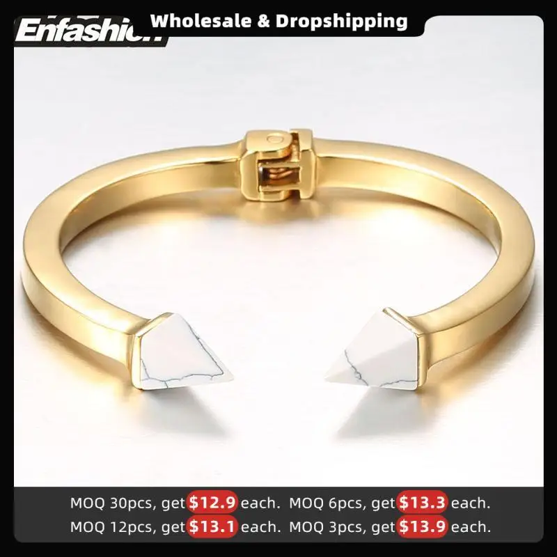 Enfashion Natural Stone Spike Cuff Bracelet Manchette Gold color Bangle Bracelet Women Stainless Steel Bracelets Bangles