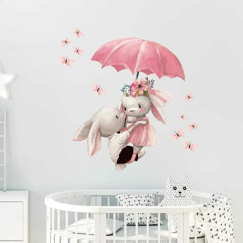 Watercolor Couple Bunny Flying with Umbrella Wall Stickers for Kids Room Baby Nursery Room Decoration Wall Decal Pink Girl Decor