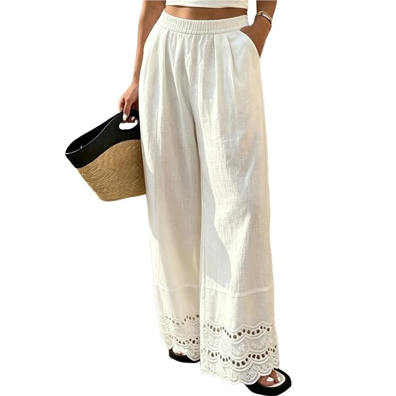 Women Solid Tone Delicate Scalloped Lace Hem Relaxed Flowy Wide Leg Daily Casual Long Pants White S Eco-Friendly