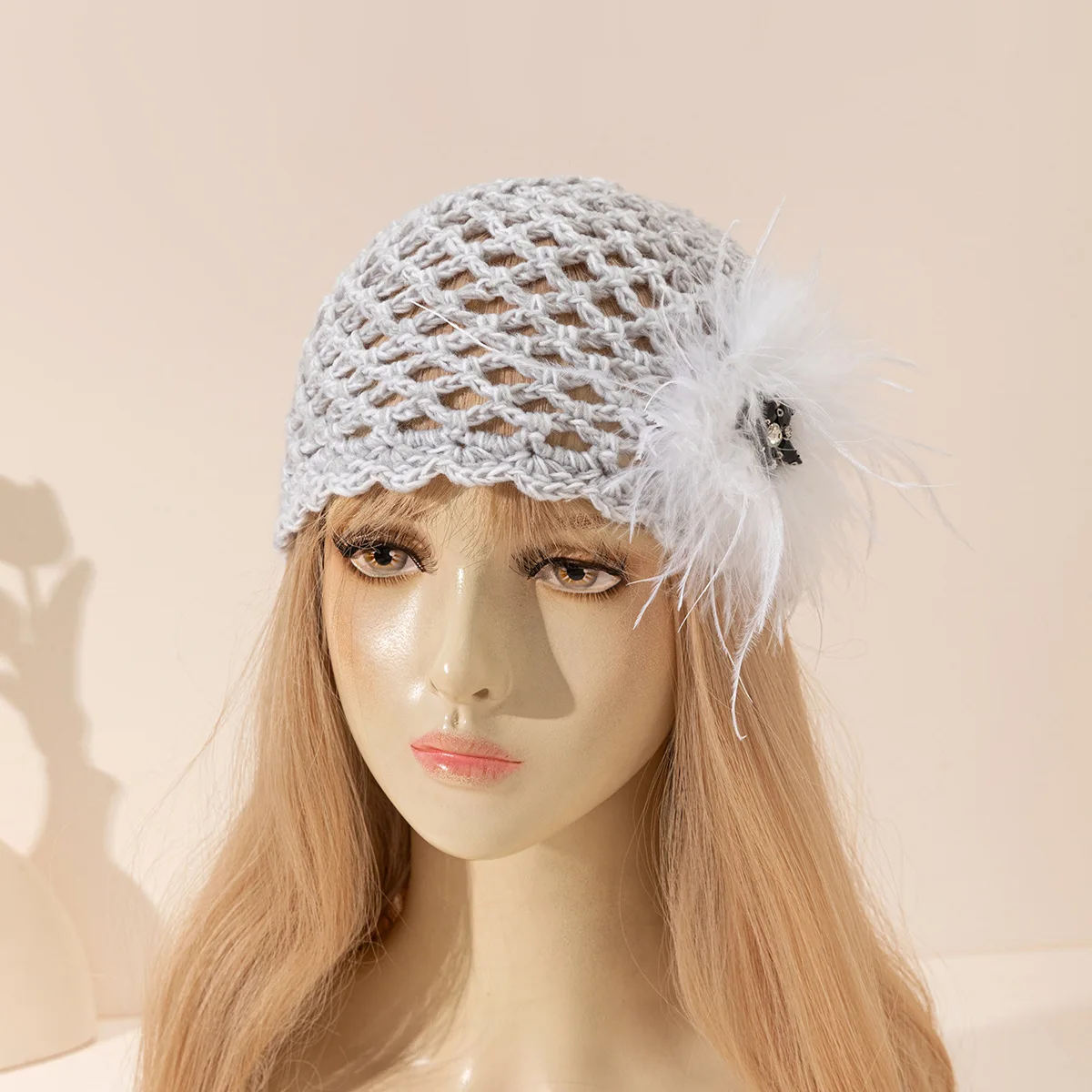 Women'S Handmade Crocheted Knitted Hollow Flower Pullover Hat For Summer Thin Style Mixed Color Feather Yarn Hat Retro Toe Cap