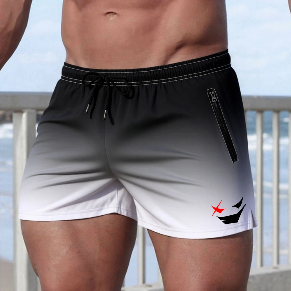 Men's Summer Quick Dry Running Shorts Fashionable Casual Evil Smiley Face Print Gradient Drawstring Shorts With Mesh Lining