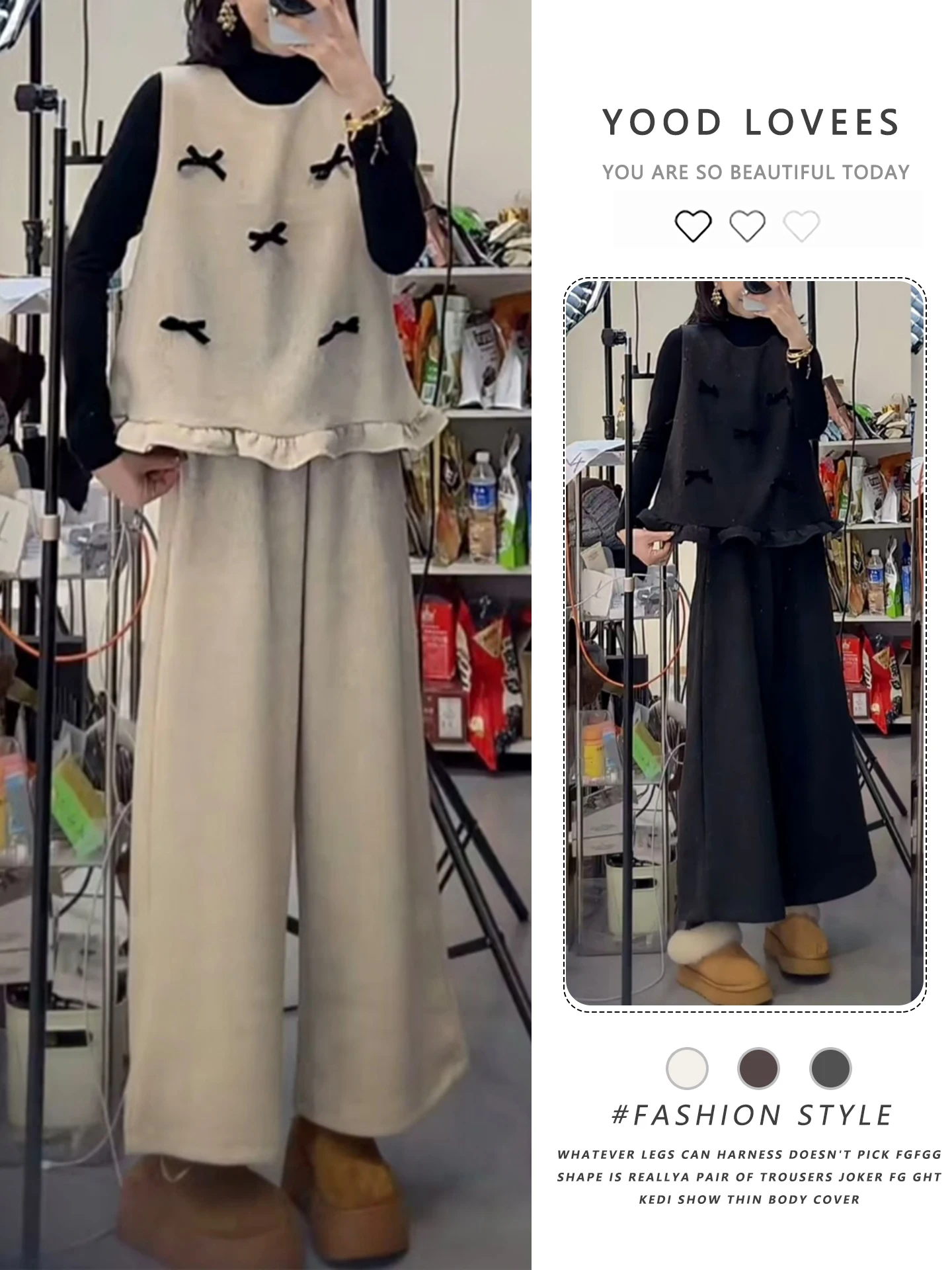 

Elegant Pure Color Knot Top Wide Leg Pants Three Piece Set Winter New Arrival Fashionable Ladylike Style Knittedwear