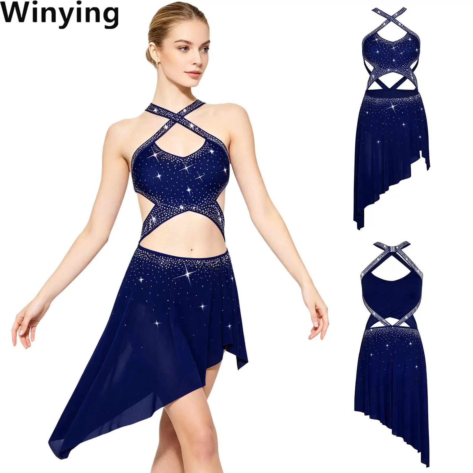 

Women Crossing Straps Dress Lyrical Dance Rhinestones Dress Sleeveless Backless Irregular Mesh Hem Built-in Briefs Bodysuit