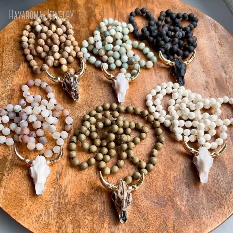 

10Pcs Longhorn Western Bead Necklace Boho Animal Bull Cow Skull Steer Southwestern Bohemian Stone Jewelry Women Gift