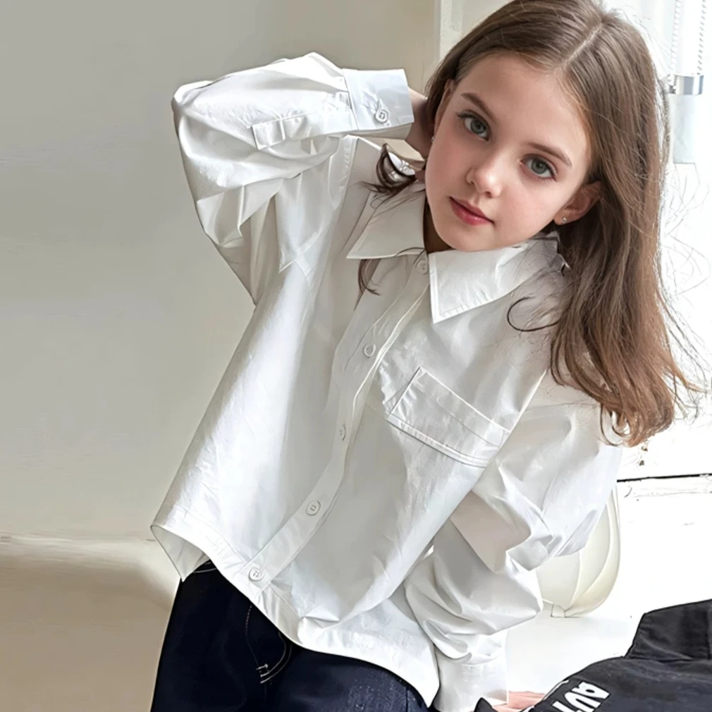 

Girls Shirt 2026 Spring and Summer New Childrens Clothing Korean Style Girl Baby Foreign Style Solid Color Design Shirt Simple