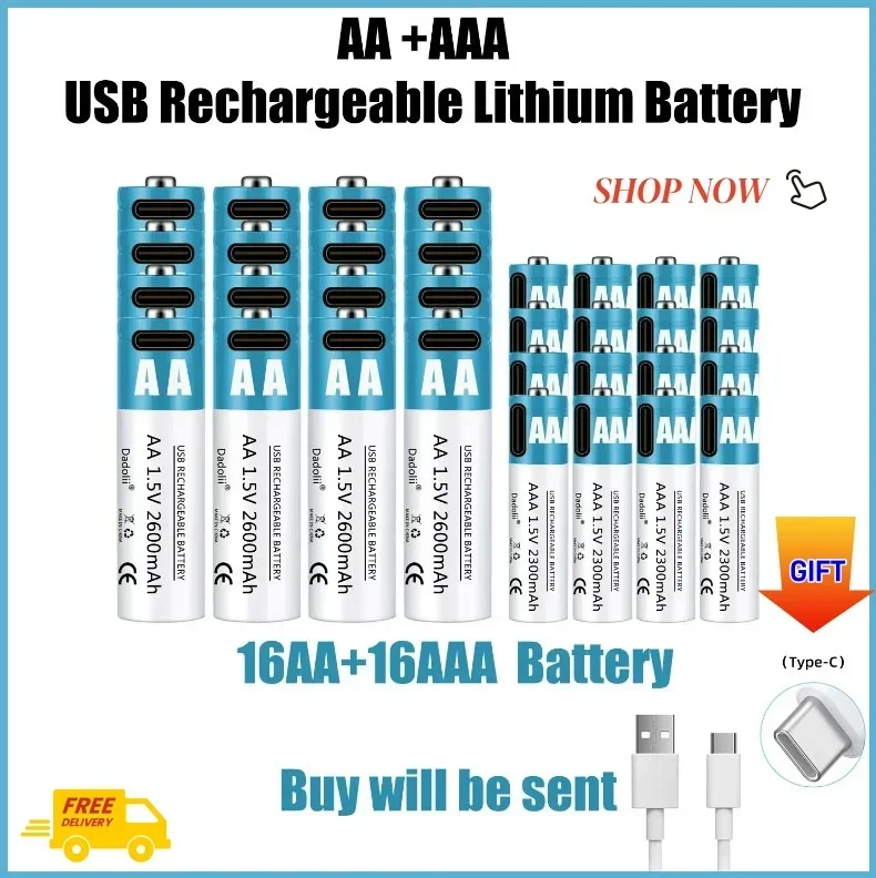 

NewAA AAA 1.5V Rechargeable Battery 2300mAh Lithium Ion Battery AA 1.5V 2600mAh USB fast charging lithium ion battery