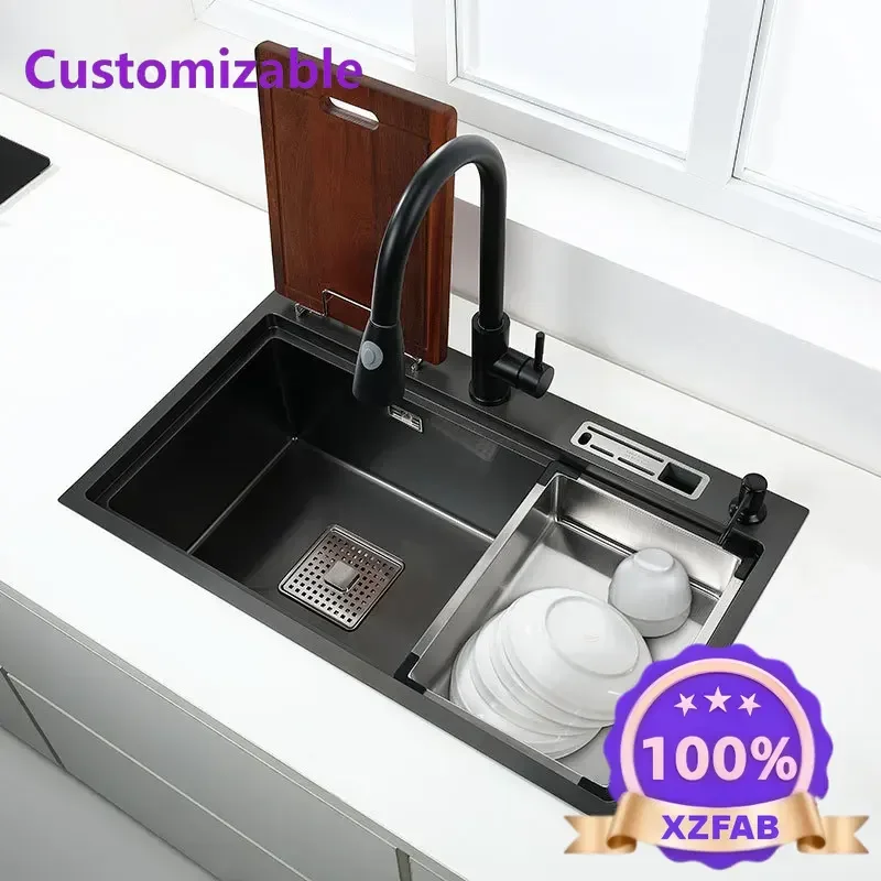 Factory Direct 2026 Executive Black Nano Water Tank Kitchen Sink With Knife Holder Vegetable Washing Basin With Cutting Board St