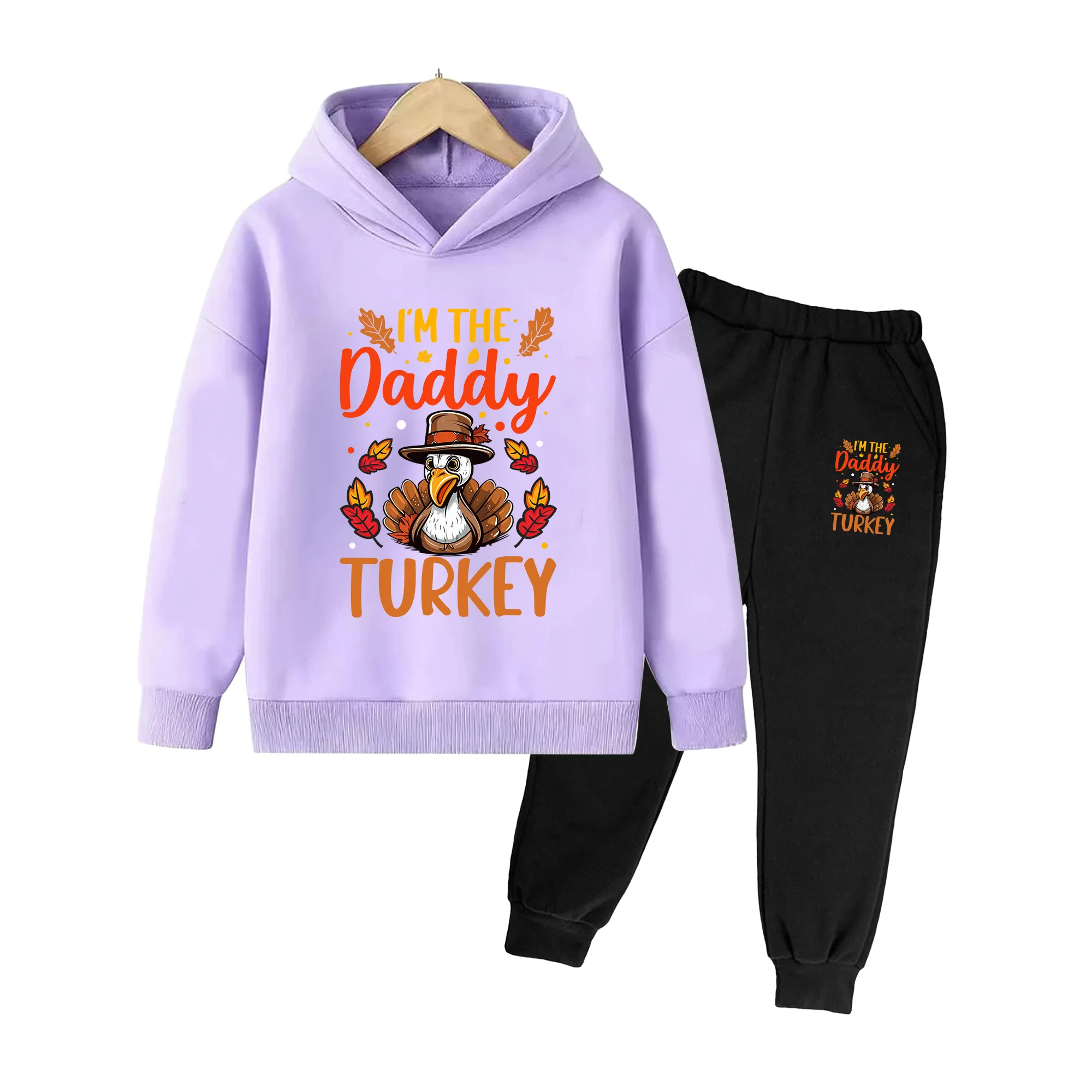 Kids Thanksgiving Turkey Print Hoodie & Pants Set, Long Sleeve Casual Outfit for Boys Girls Fall Holiday Wear