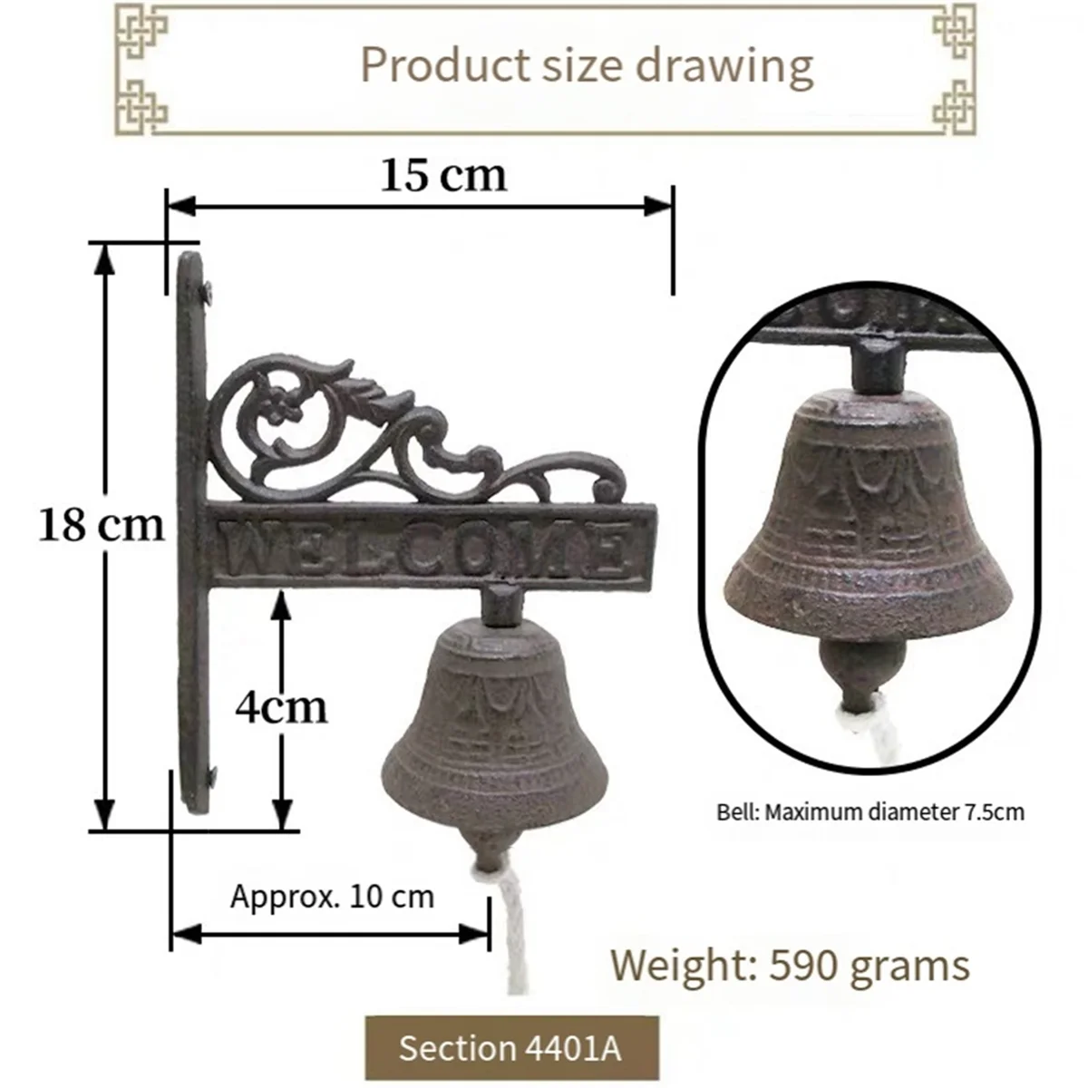 Vintage Garden Antique Doorbell, Vintage Large Cast Iron Wall Mounted Metal Doorbell,Suitable for Farmhouse Decoration,A