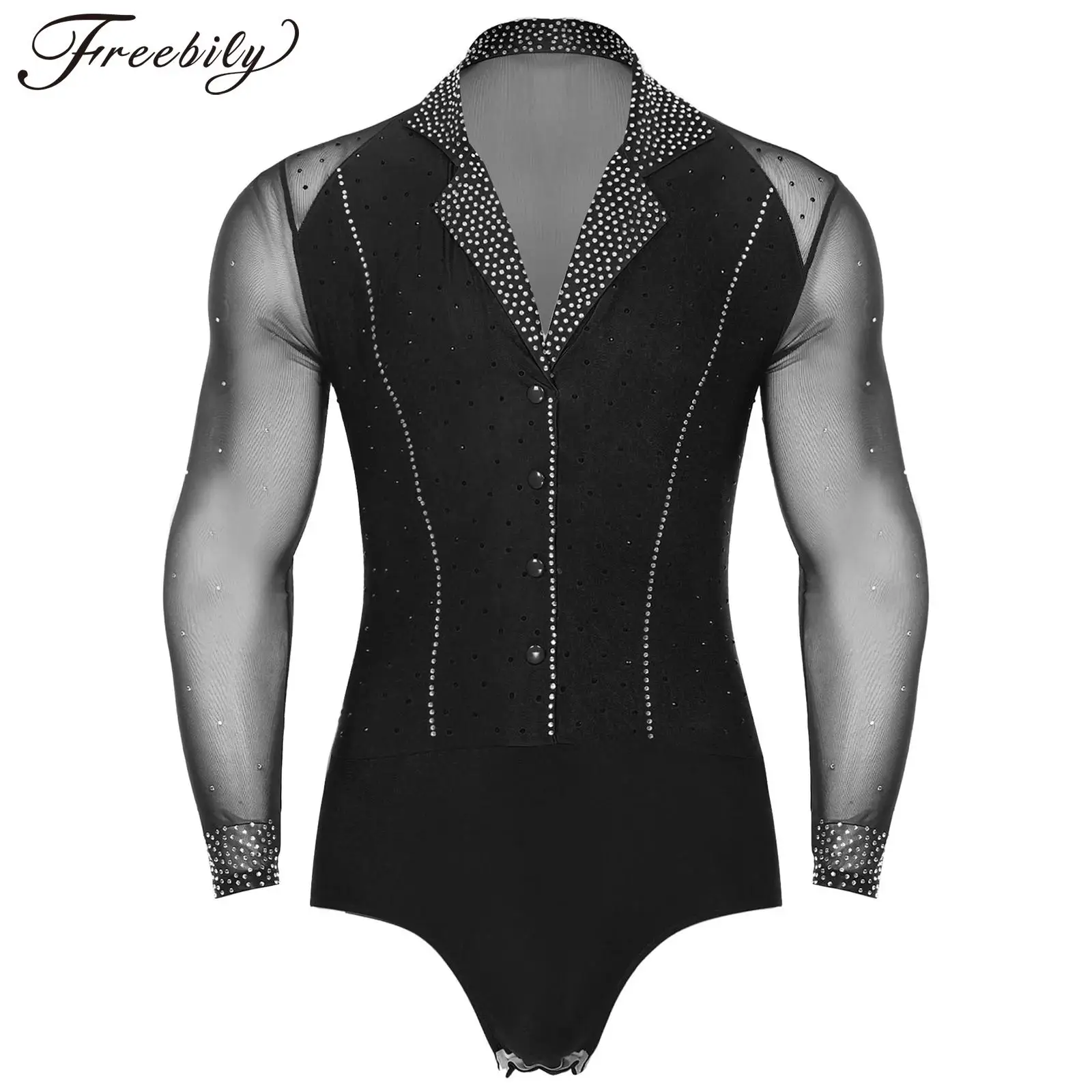 Mens Latin Tango Dance Shirt Leotard Sparkly Rhinestone Long Sleeve Lapel Collar Sheer Mesh Patchwork Ballroom Dance Bodysuit