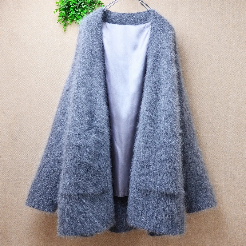 

1.3KG Heavy Thick Female Women Fall Winter Hairy Mink Cashmere Knitted Long Sleeves Loose Cardigans Mantle Angora Sweater Jacket