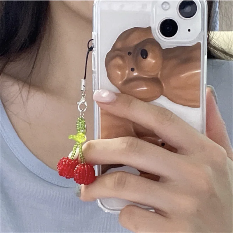 Kawaii Y2K Cherry Phone Charms Pendant Cute Fruit Bead Handmade Sweet Girl Keychain For iPhone Camera Chain Aesthetic Keychain