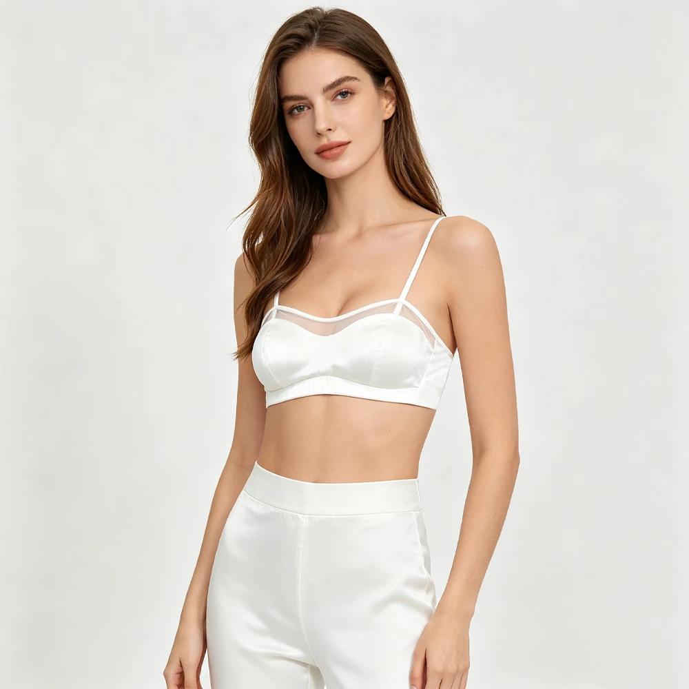 Women's New 19MM 93% Natural Mulberry Silk Elastic Satin Mesh Strapless Ultra-thin Breast Collection Slim Shoulder Strap Bras