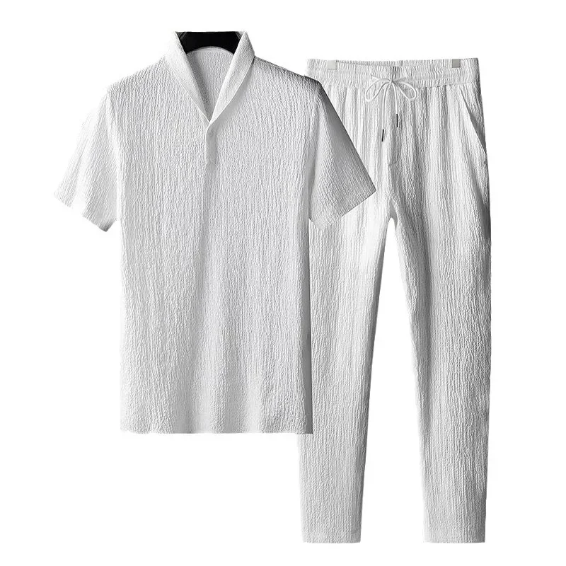 

LIBIELIY Summer Sets Men Fashion Thin Sports Suit For Men Solid Color T-Shirt And Full Length Pants Male Jogger Sets Casual Stre