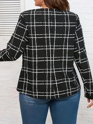 Plus size feminino preto branco xadrez frente aberta blazer manga longa casual solto escritório outerwear