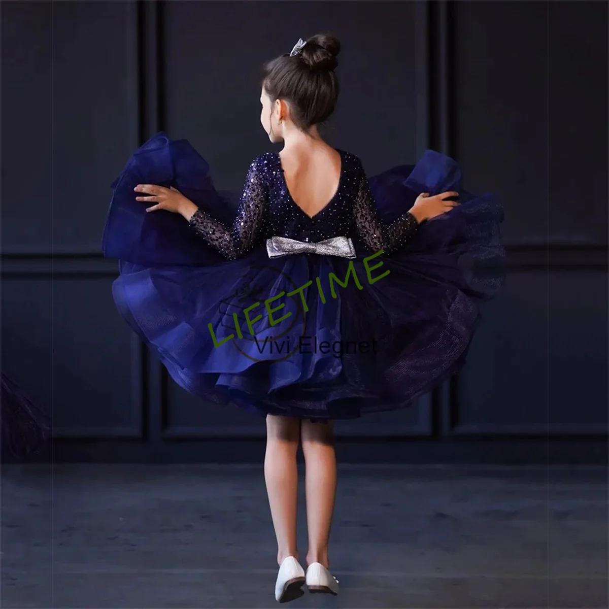 Fashion Navy Purple Flower Girl Dresses Full Sleeve Sequined Beads Christmas Gown for Princess New فساتين اطفال للعيد Winter