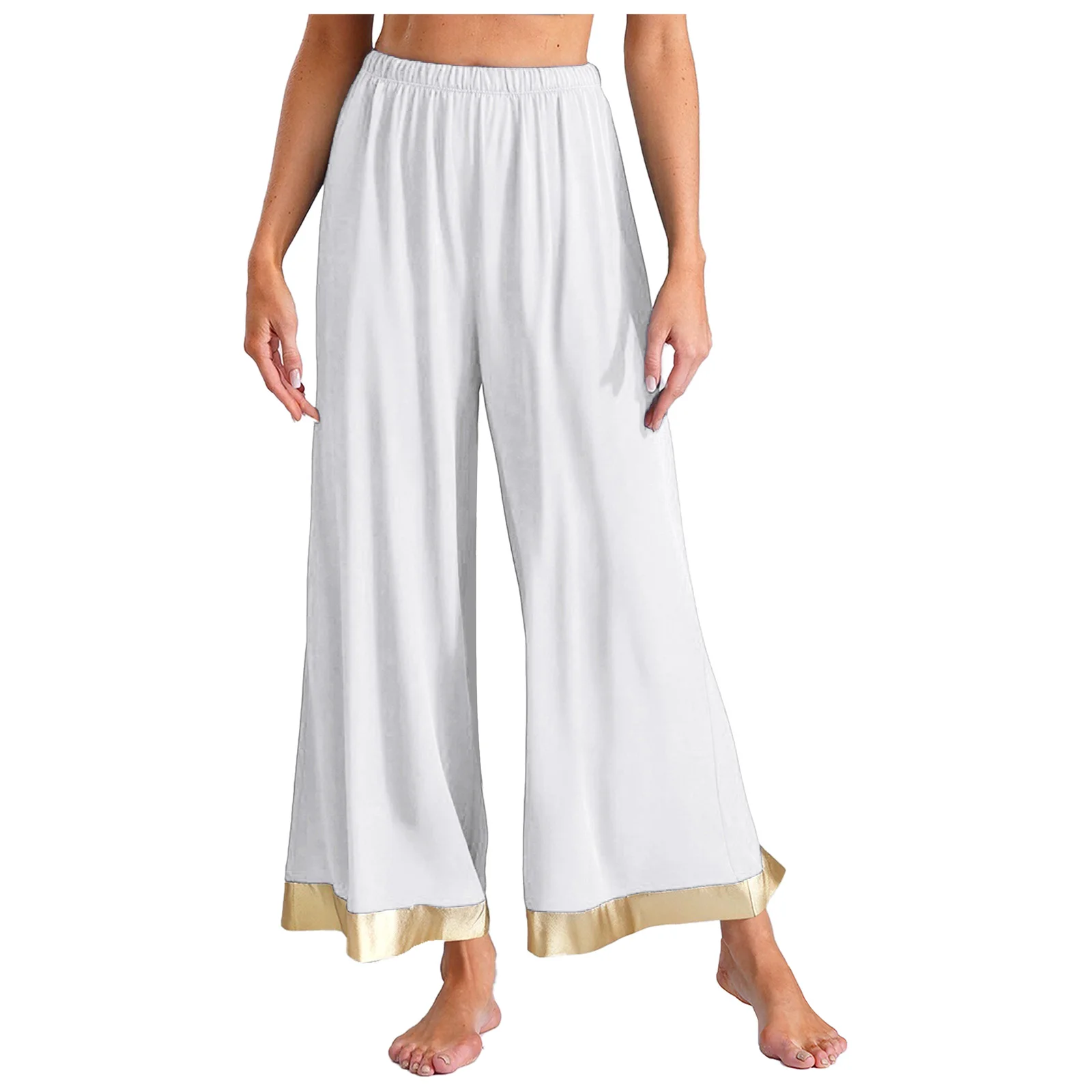 

Women Worship Praise Dance Costume Pants Elastic Waist Metallic Shiny Trim Wide Leg Trousers for Lyrical Dance Celebrations