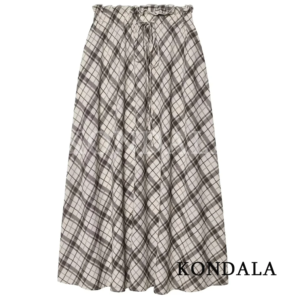 

KONDALA Women Vintage Trendy Plaid Midi Skirt Bow Lace-up Long Straight Skirt New Fashion 2026 Spring Summer Date Holiday Skirt