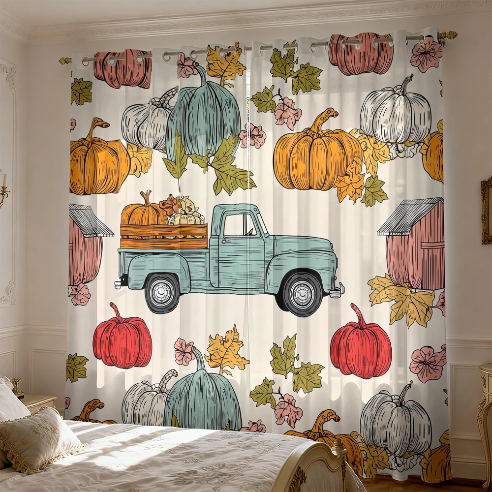 2pcs vintage truck pumpkin maple leaf print double-sided curtains for living room and bedroom light blocking