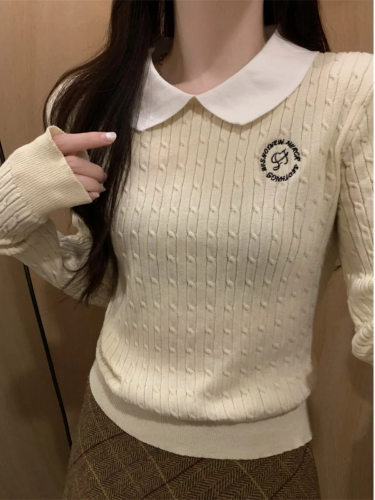 

Women's Long Sve Knitted Sweater Turn-down Collar Twist Color Base Layer Spring Autumn 2024 New Design Slim Fit Top