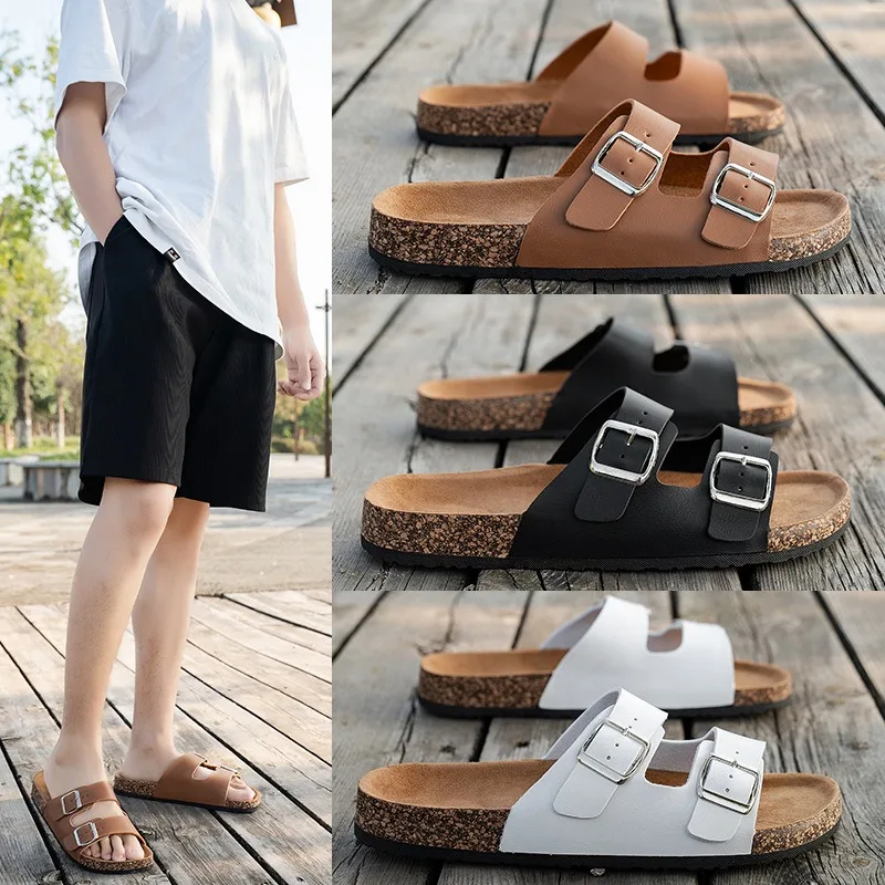 

Couple Slippers Luxury Cowhide Summer Slipper Fashion Muller Slides Outdoor Casual Beach Slippers for Men Cork Flip-flops Slides