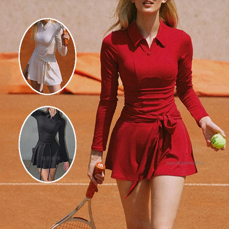 Tennis Skirt for Women Golf Pleated Tennis Dresses Ladies Long Sleeve Lace Up Polo Dress Workout Fitness Running Sportswear
