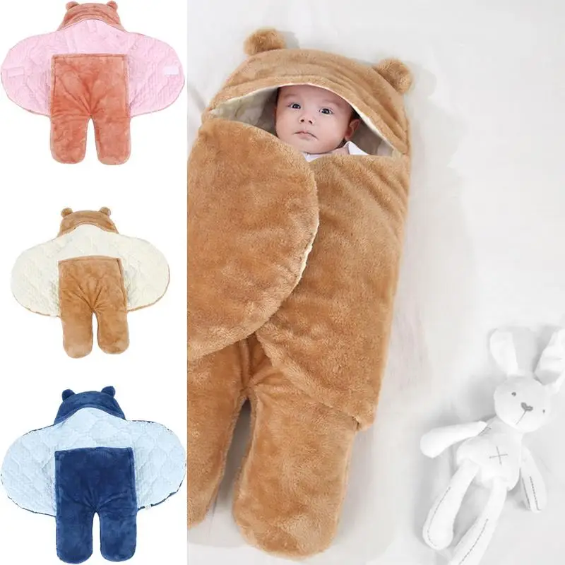 Anti-kick Wearable Swaddle Blanket Bear Shaped Baby Sleeping Bag Multi-Function Skin-Friendly Comfortable Plush Wrap Blanket