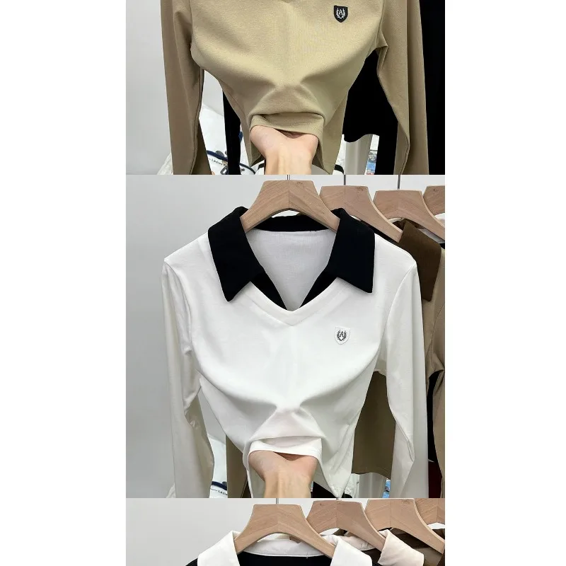 الغربية وهمية قطعتين بولو القمم الراقية قاع قمصان النساء طويلة الأكمام تي شيرت رقيقة الخريف الشتاء البلوفرات تنوعا