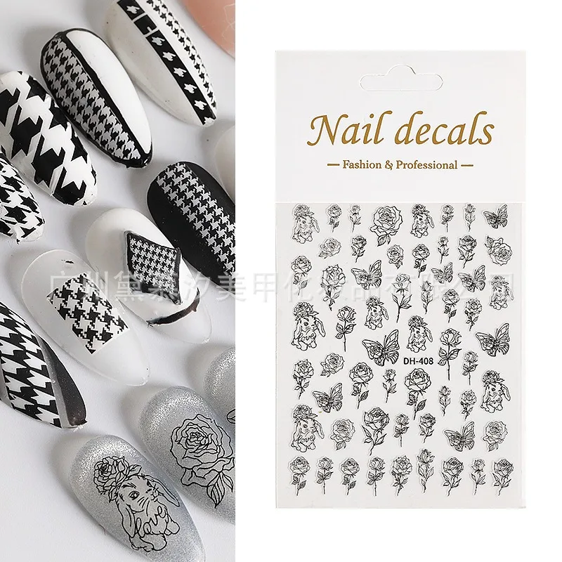 Semitransparent White Flowers Nail Sticker Self Adhesive Decals Star Moon/White Flower/Clouds Kawaii Sliders For Manicure