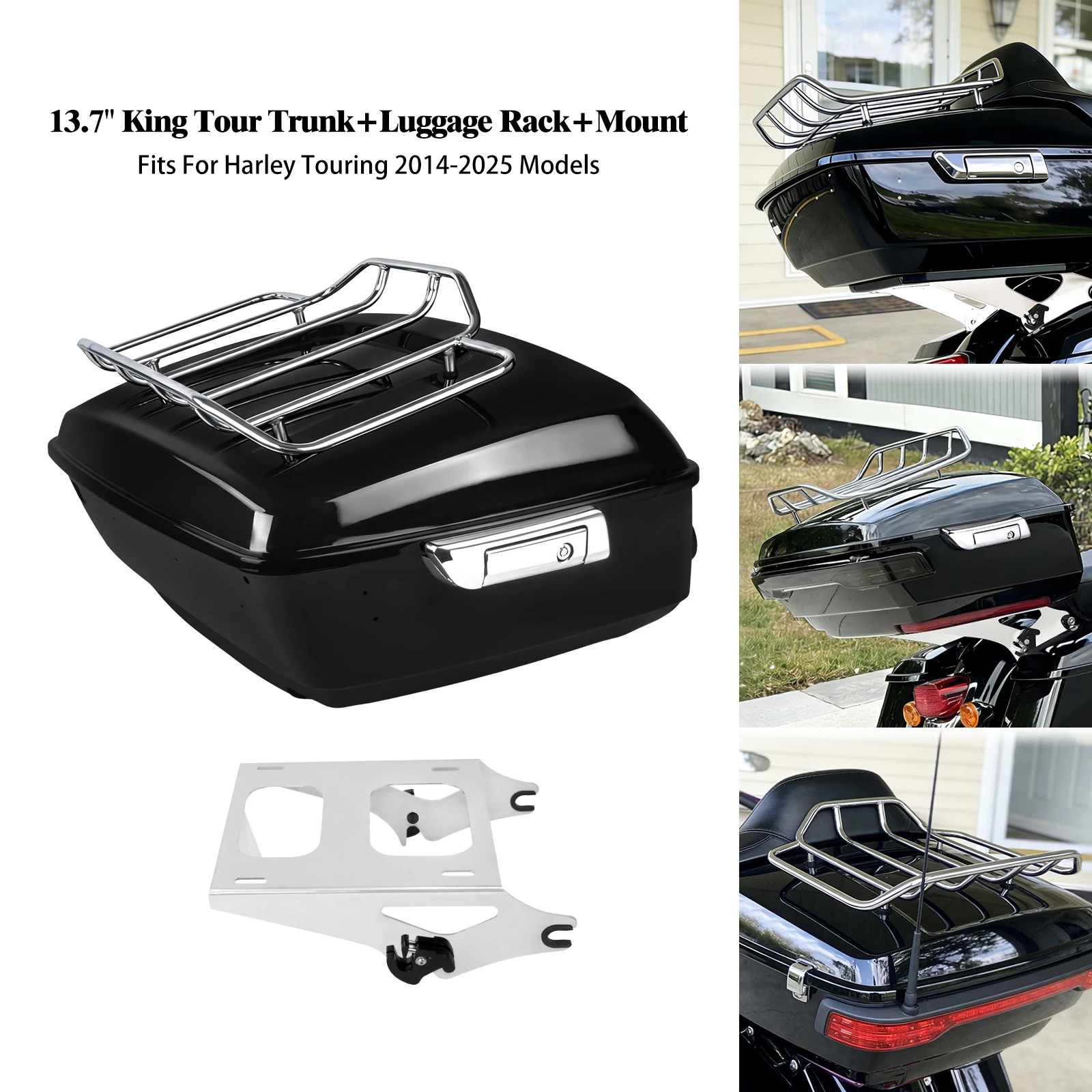 

Motorcycle 13.7" King Tour Trunk+Luggage Rack+Mount Rear Top Bags Box With Latches For Harley Touring Road Electra Glide 14-2025
