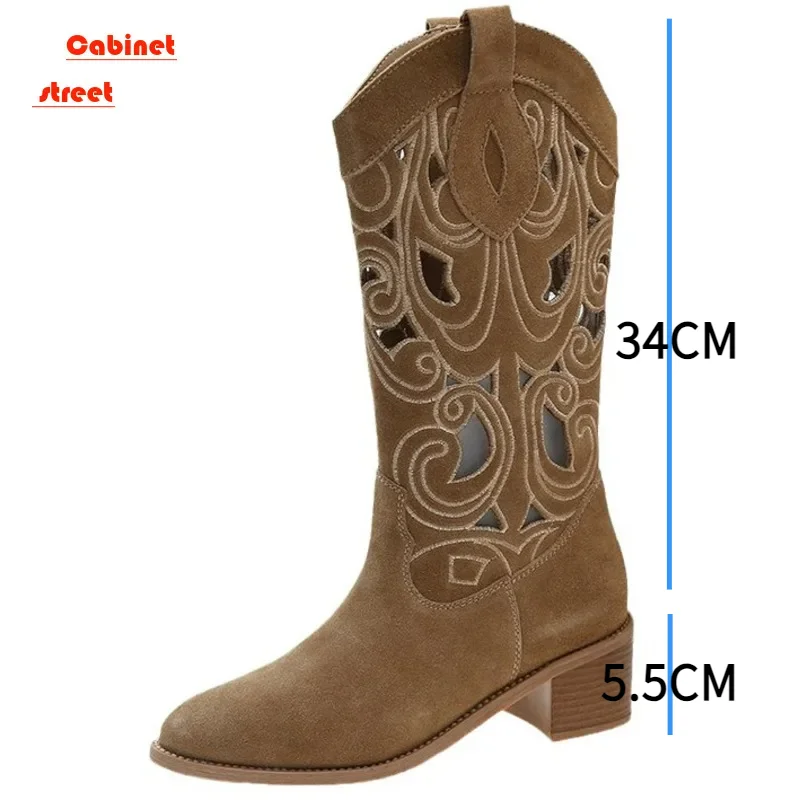 

Hollow Embroidered Vintage Western Boots Women 2023 Autumn Chunky Heels Knee High Cowboy Boots Woman Pu Leather Knight Booties