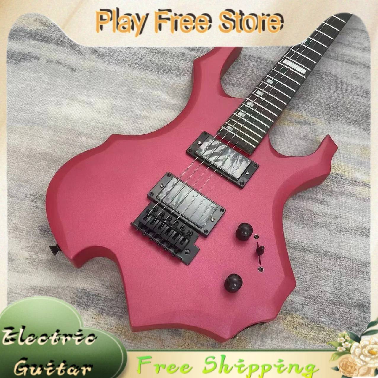 Metallic Rose Red Matte Flame Shape Electric Guitar Mahogany Body Dual Closed Humbuckers Double Tremolo System Metal Rock Stage