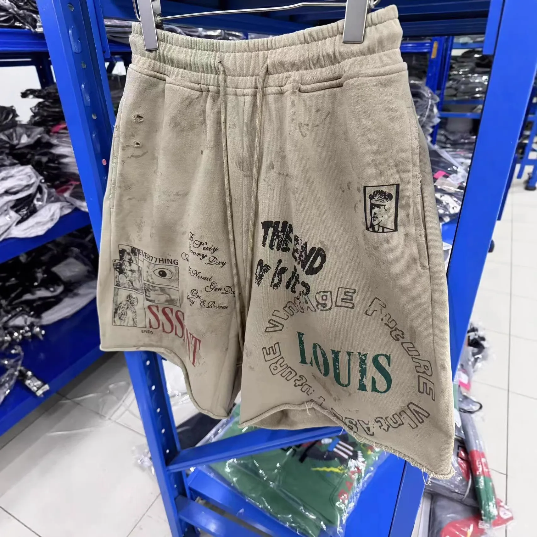 

Vintage Letter Print Shorts Men's Casual Loose Street Style Five-Quarter Pants Cotton No Brand Registered Trademark