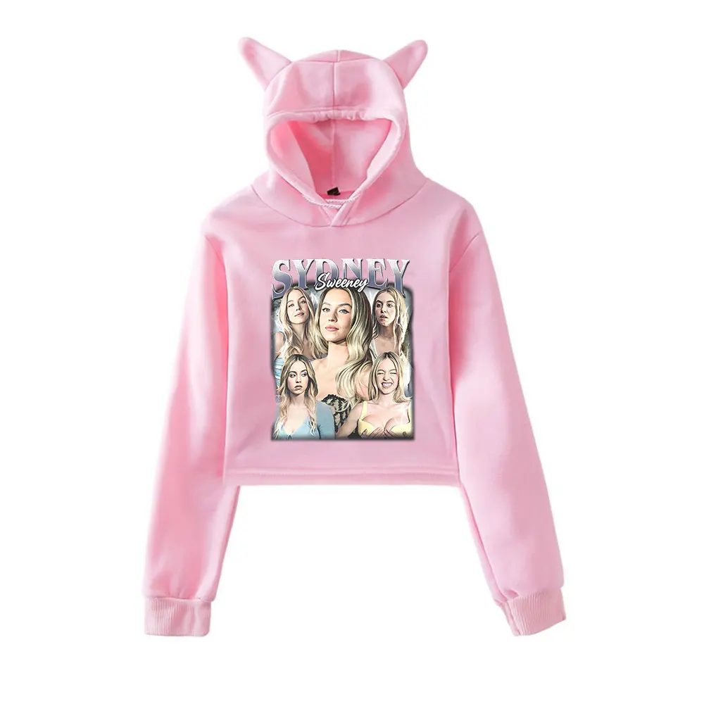 Sydney Sweeney Vintage 90s Streetwear logo Hoodie Merch Hoodies Sweatshirts for Girls Cat Ear Crop Fashion Sports Pullover