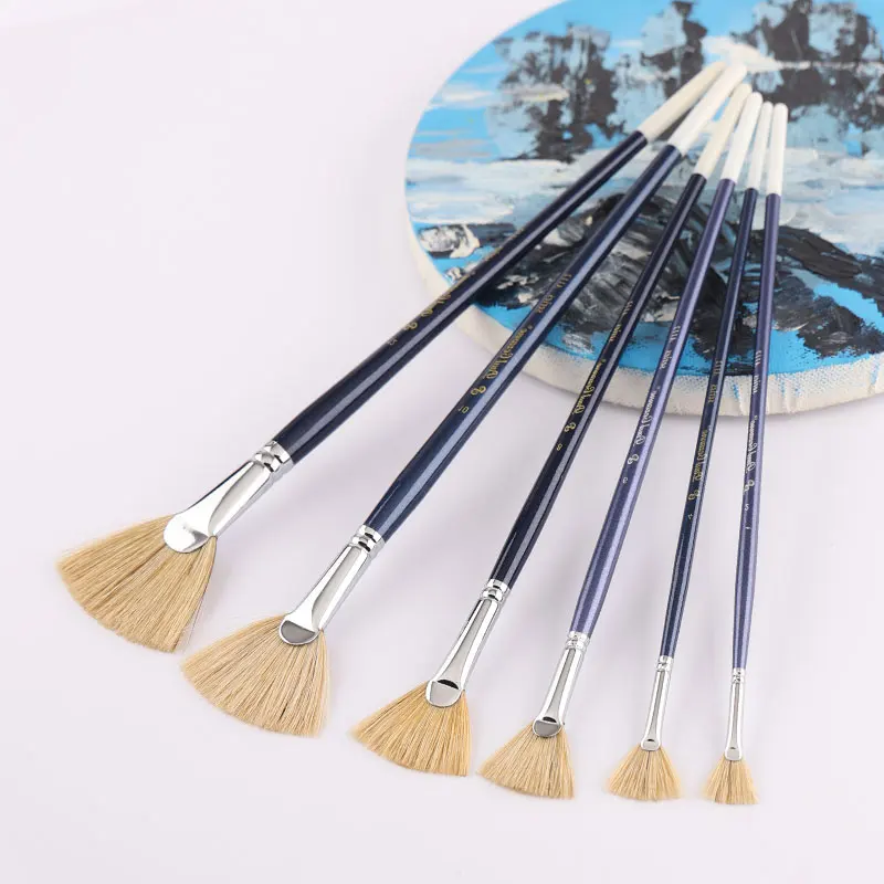 Blue Long Pole Bristle Fan-Shaped Oil Brush Set Suitable for Gouache Watercolor Acrylic Oil Painting, Painting Art Supplies