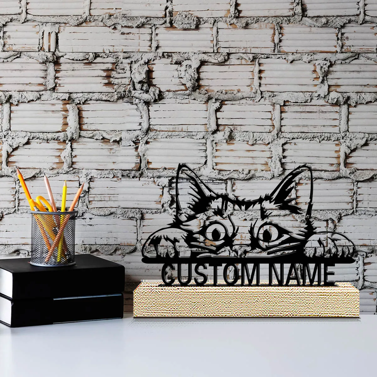 1pc Desktop Metal Ornaments Customizable Name With Wooden Base Bar Decoration, Holiday Gifts