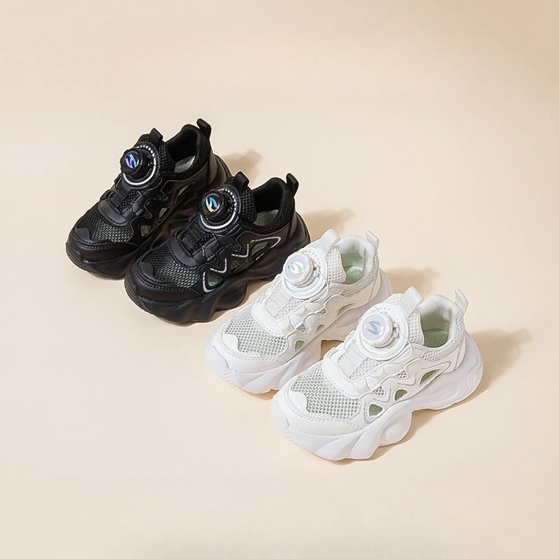 2026 Spring New Children's Casual Shoes Hollow Breathable Rotating Button Running Shoes Anti slip Soft Bottom Sports Shoes
