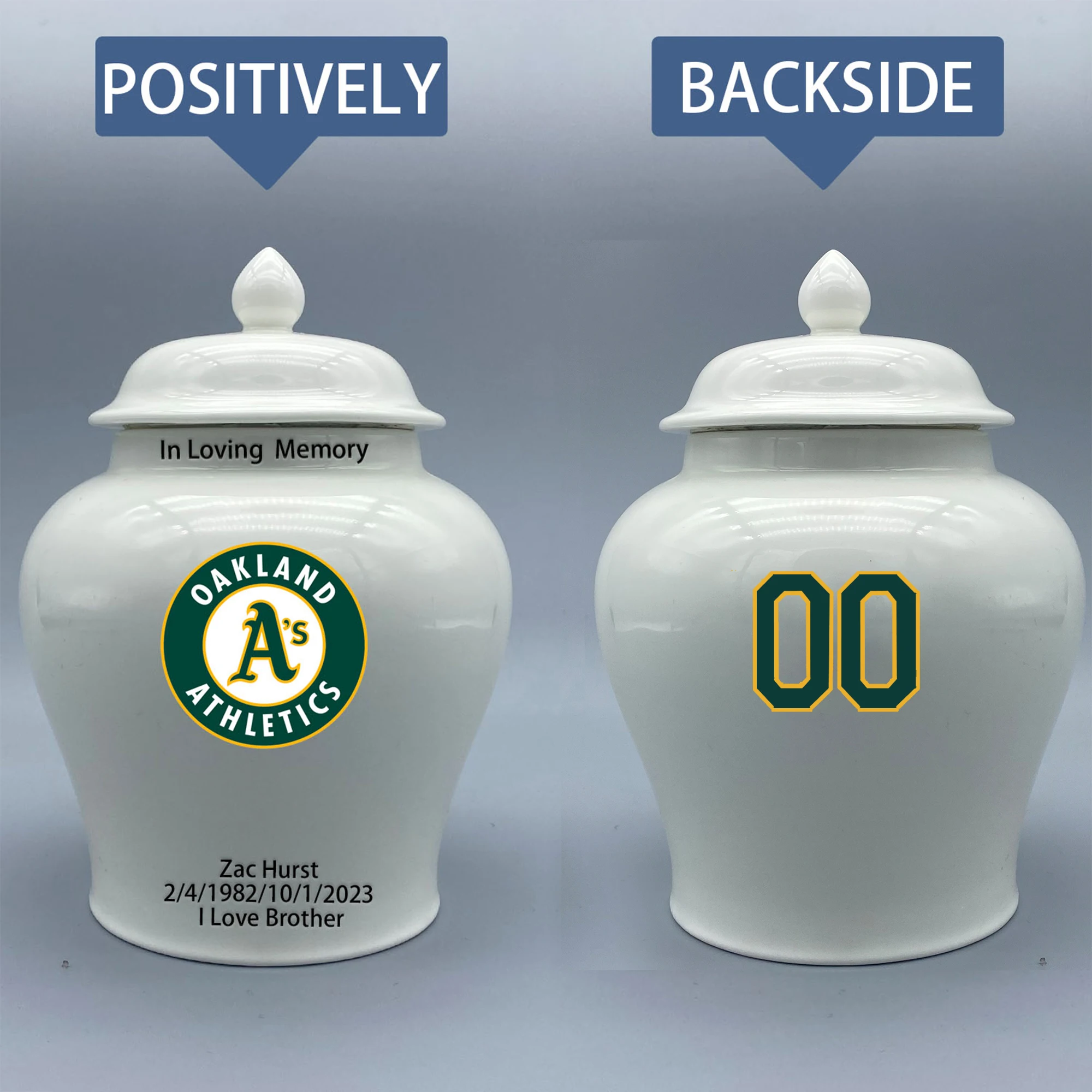 

Medium Urn for Oakland Athletics-themed Logo Urn.Please send me the customize information-name/date and number on the urn