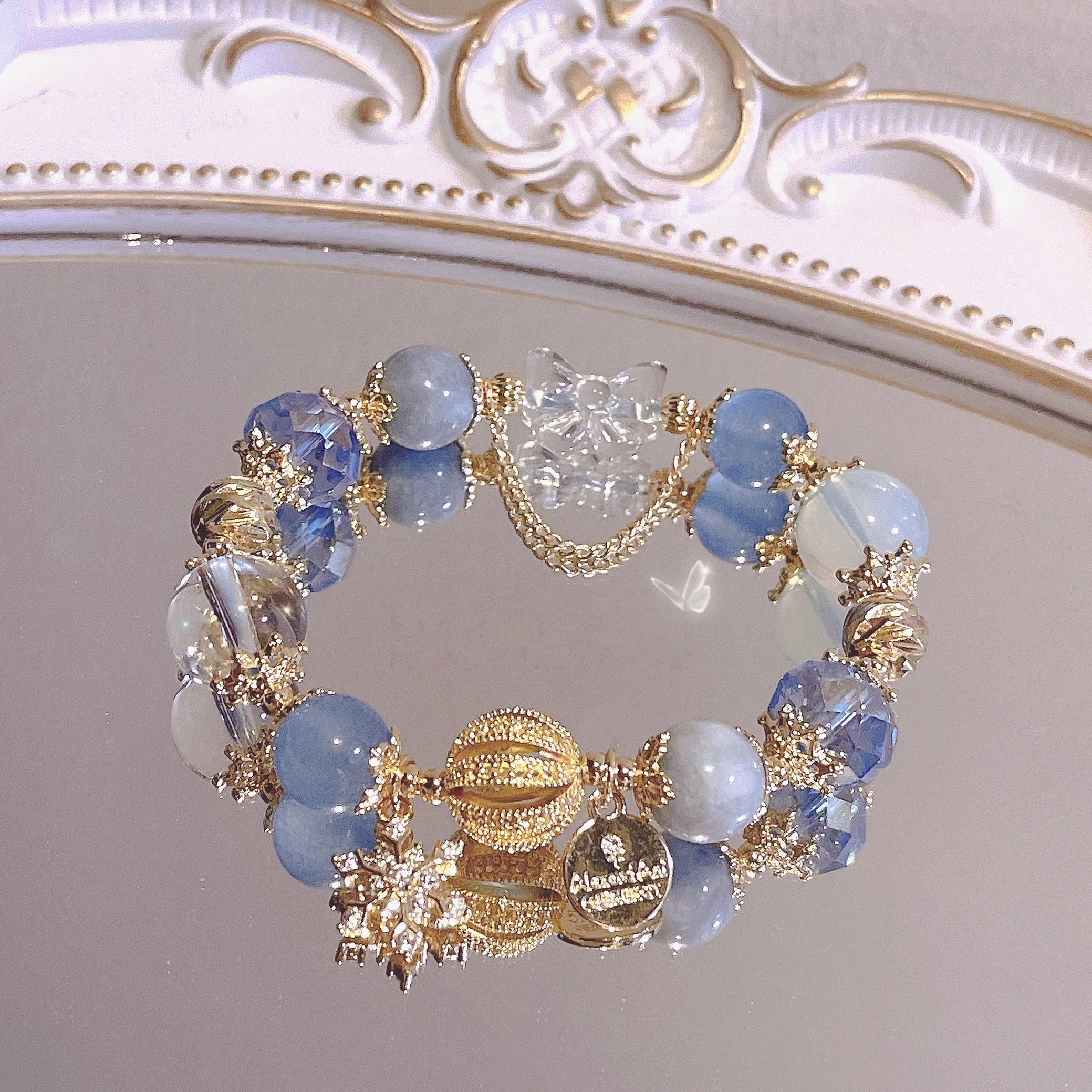Fairy Tale Sea Blue Sapphire White Crystal Bracelet for Brides, Niche Ice Snowflake Starry Sky Bracelet, Cute Girl Gift
