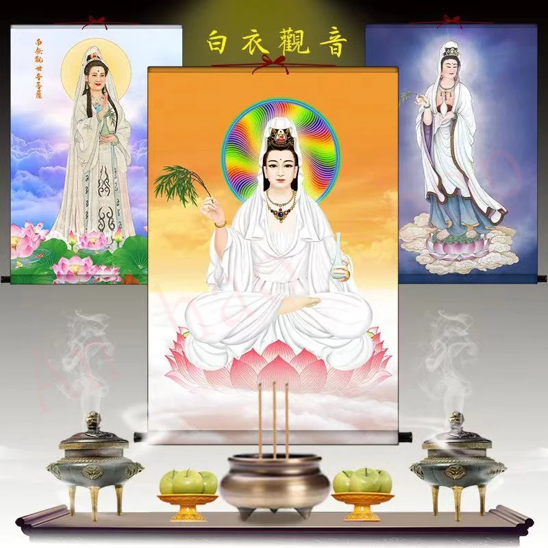 

High definition white clothed Guanyin Bodhisattva, exquisite home, religious feng shui, auspicious decoration, hanging paintings