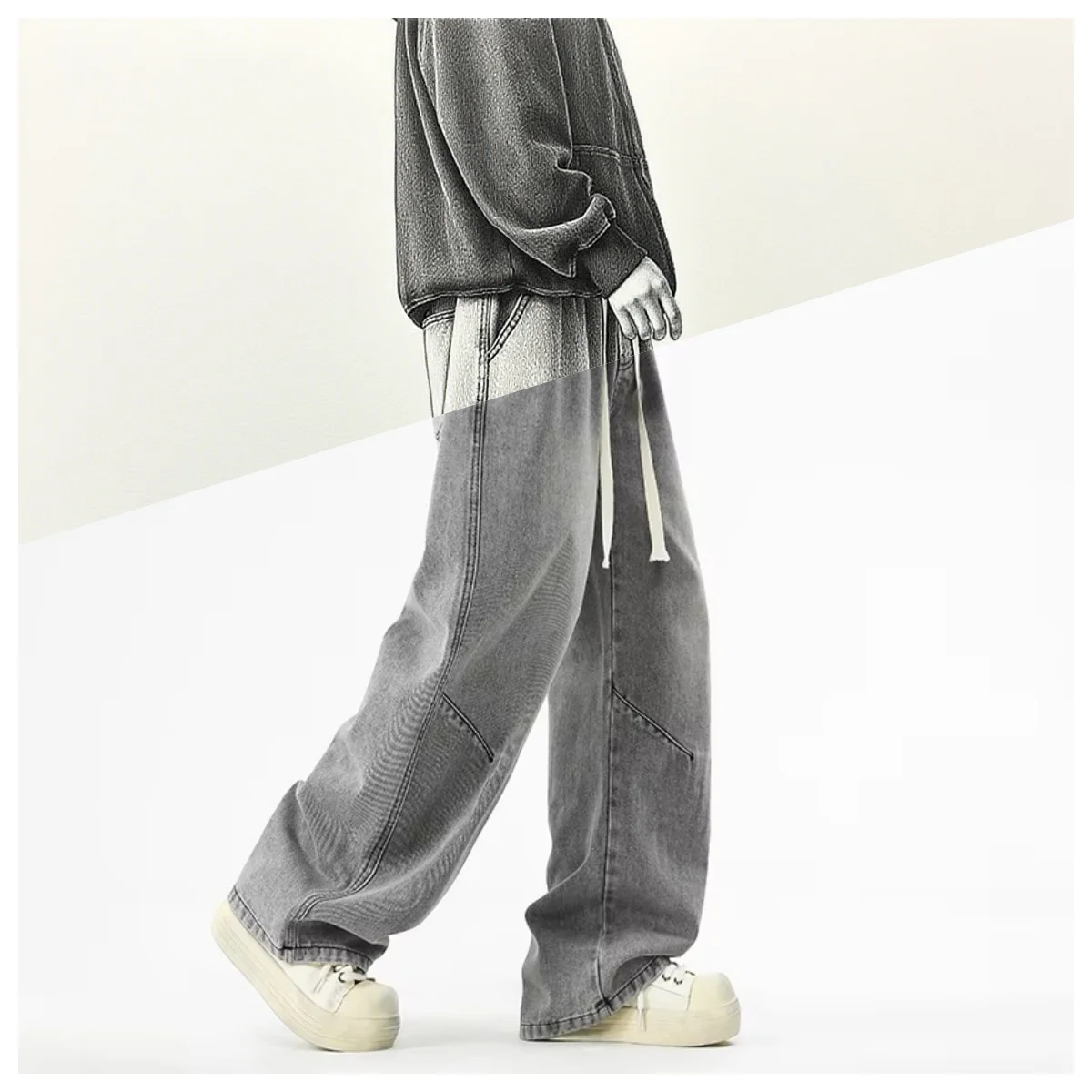 

2025 Hip-hop Baggy Denim season elastic waist New Korean Men's Jeans American Loose Fit Wide-leg Straight Casual Trousers Street