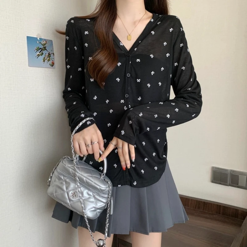 

Long Sleeve Bow Print Fashion Cardigan Spring Summer Trend V Neck Loose All-match Sweet T Shirt Tops Casual Korean Women Clothes