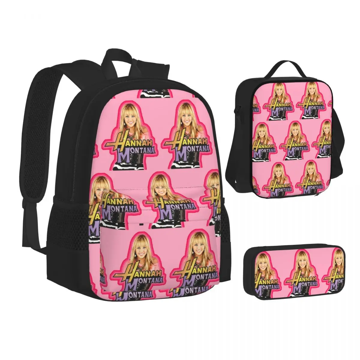 

Hannah Montana Collage Backpacks Students Bookbag School Bags Children Rucksack Lunch Bag Pen Bag Three-Piece Set